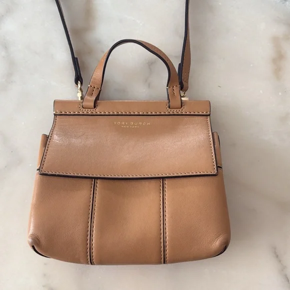 Tory Burch Block  T Mini Satchel Bag Light Tan Leather Handbag Top Handle 2 Ways - Picture 12 of 17